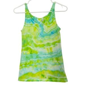 Handmade Geode Tie Dye Tank Top Women Size Small Neon Green Yellow Blue OOAK Y2K